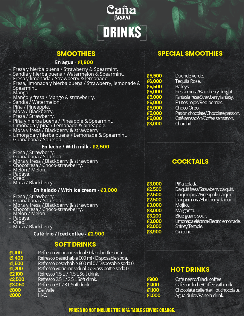Menú de bebidas
